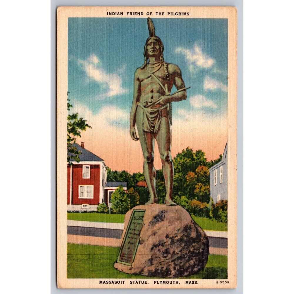 Postcard Massachusetts Plymouth Massasoit Statue Indian Friend of Pilgrims c1940